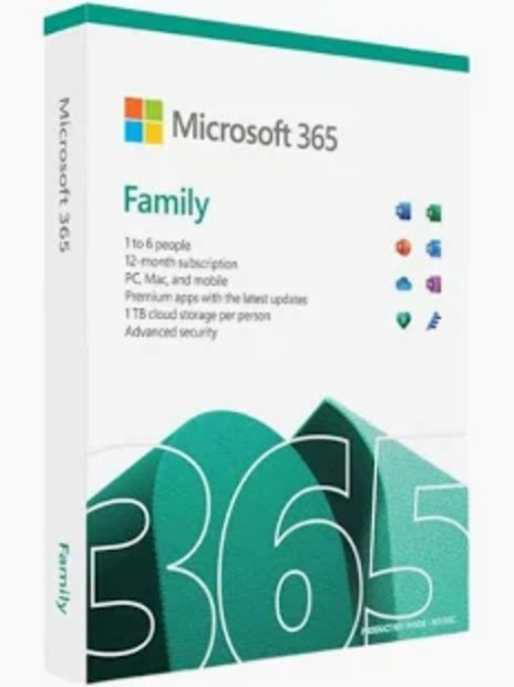 Hộp Microsoft 365 Family bản quyền nhìn chéo, dùng cho tối đa 6 người trong 12 tháng